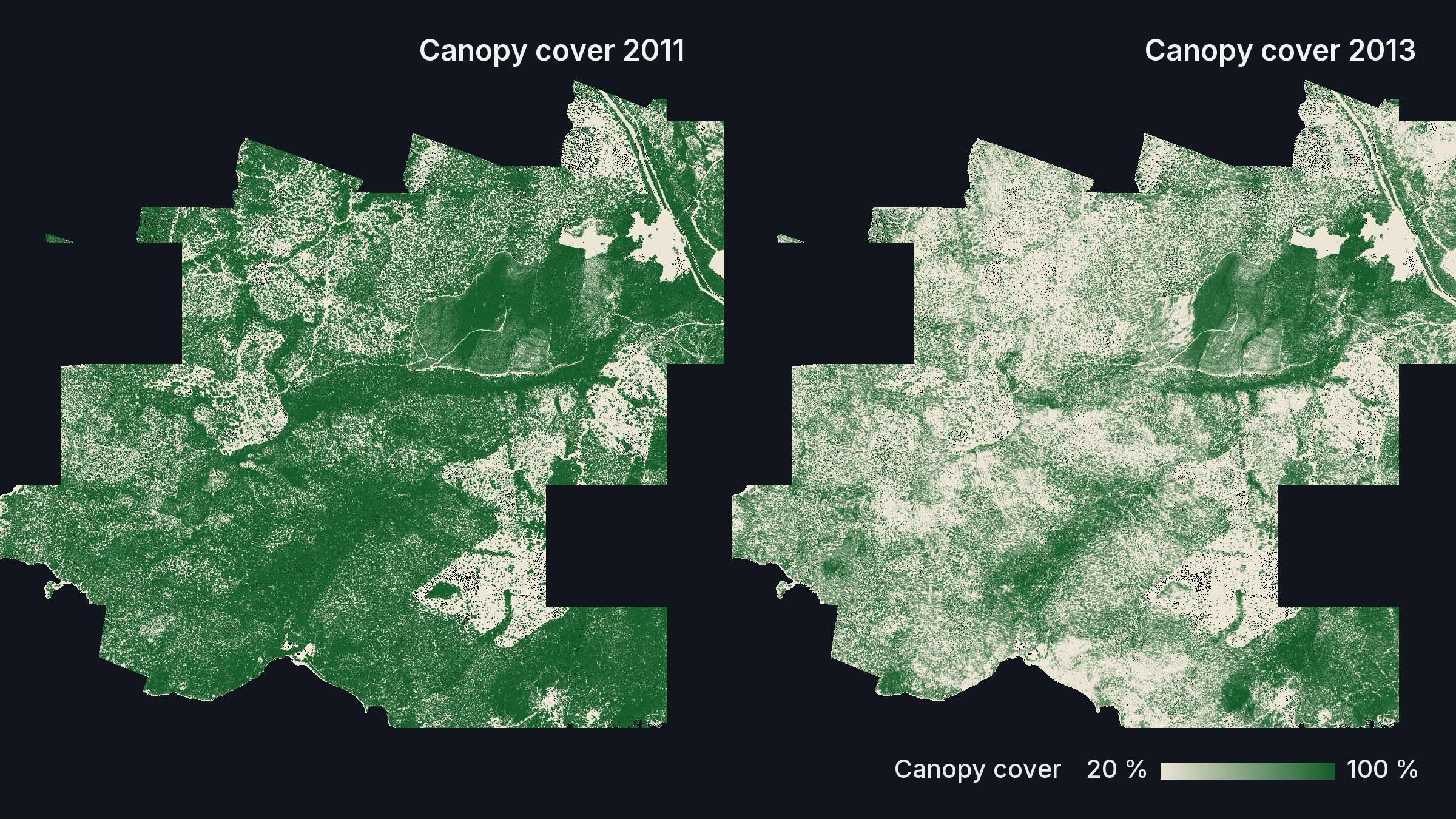Forestier Peninsula, Tasmania: canopy cover in 2011 and after the 2013 fire, same ground, cream for open to dark green for closed canopy. South East 2011 LiDAR: theLIST © State of Tasmania, CC BY 3.0 AU; Greater Hobart 2013 LiDAR via ELVIS, no licence on record.
