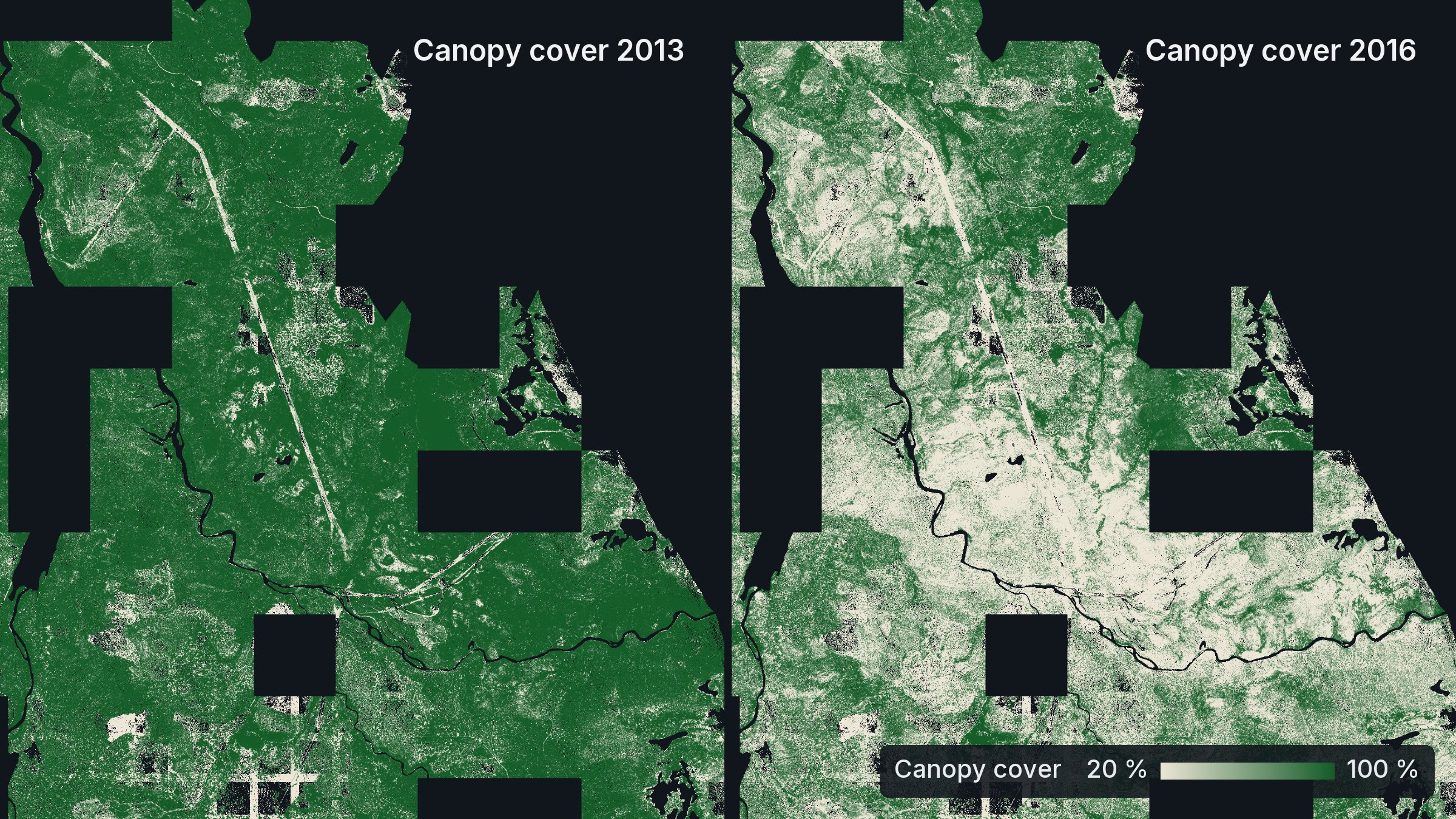 Lake Mackenzie, Tasmania: canopy cover in the 2013 survey and in the 2016 survey after the fire, same ground, cream for open to dark green for closed canopy. North West 2013 and Lake Mackenzie Road 2016 LiDAR: theLIST © State of Tasmania, CC BY 3.0 AU.