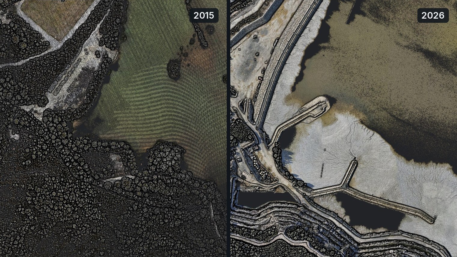 Rosebery, Tasmania: part of one 500 m square from above in 2015 and in 2026, the up-facing laser points of each survey coloured from aerial imagery flown in December 2015 and February 2026. LiDAR: theLIST © State of Tasmania, CC BY 3.0 AU; aerial imagery © State of Tasmania (Land Tasmania), CC BY-NC-ND 3.0 AU. No affiliation with the operator.