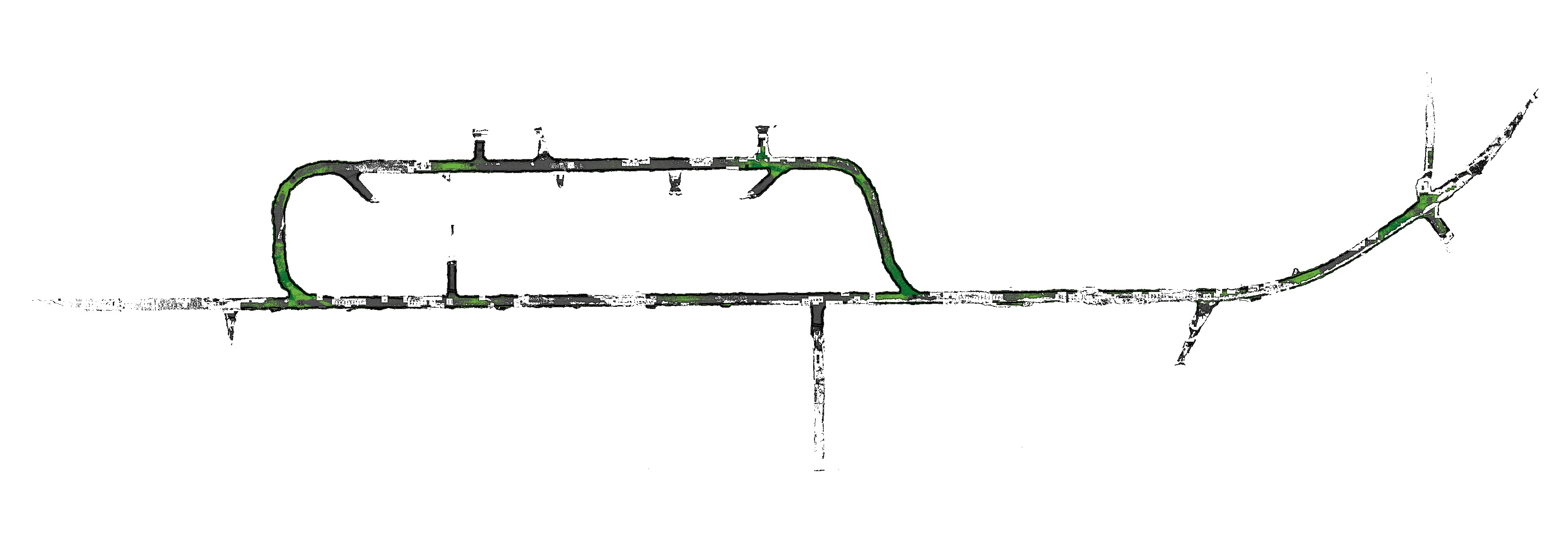 El Teniente production level in plan, coloured by confidence: green where two or more scans agree