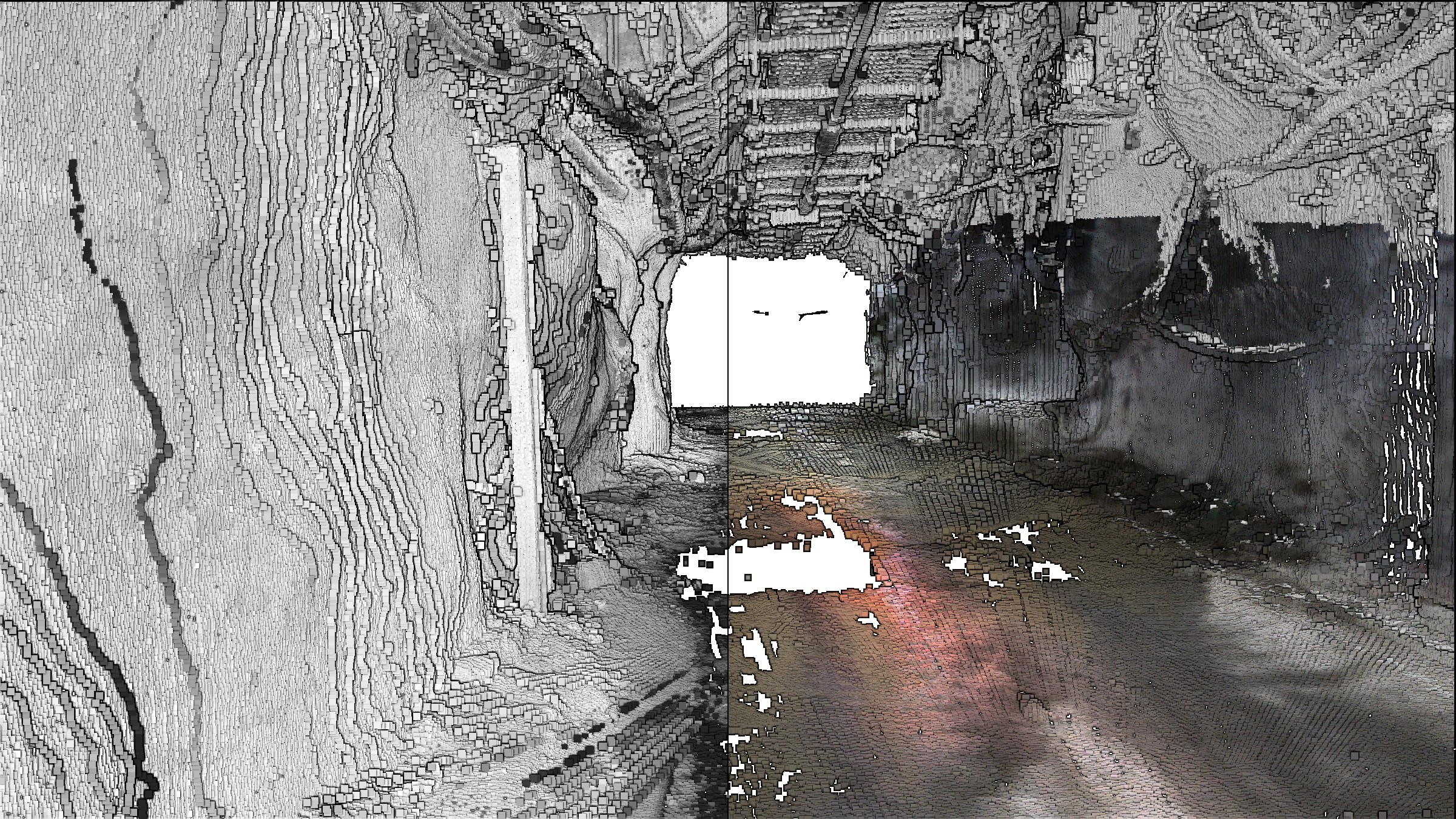 One El Teniente drift two ways: laser intensity on the left, true colour from the robot's camera on the right