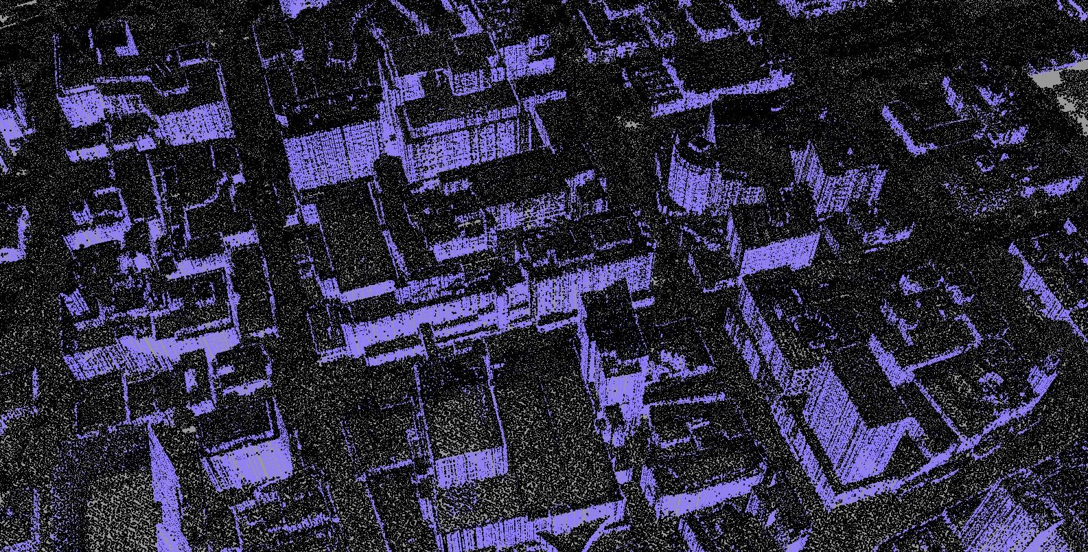 Hobart city blocks: measured points in black, modelled wall points in violet