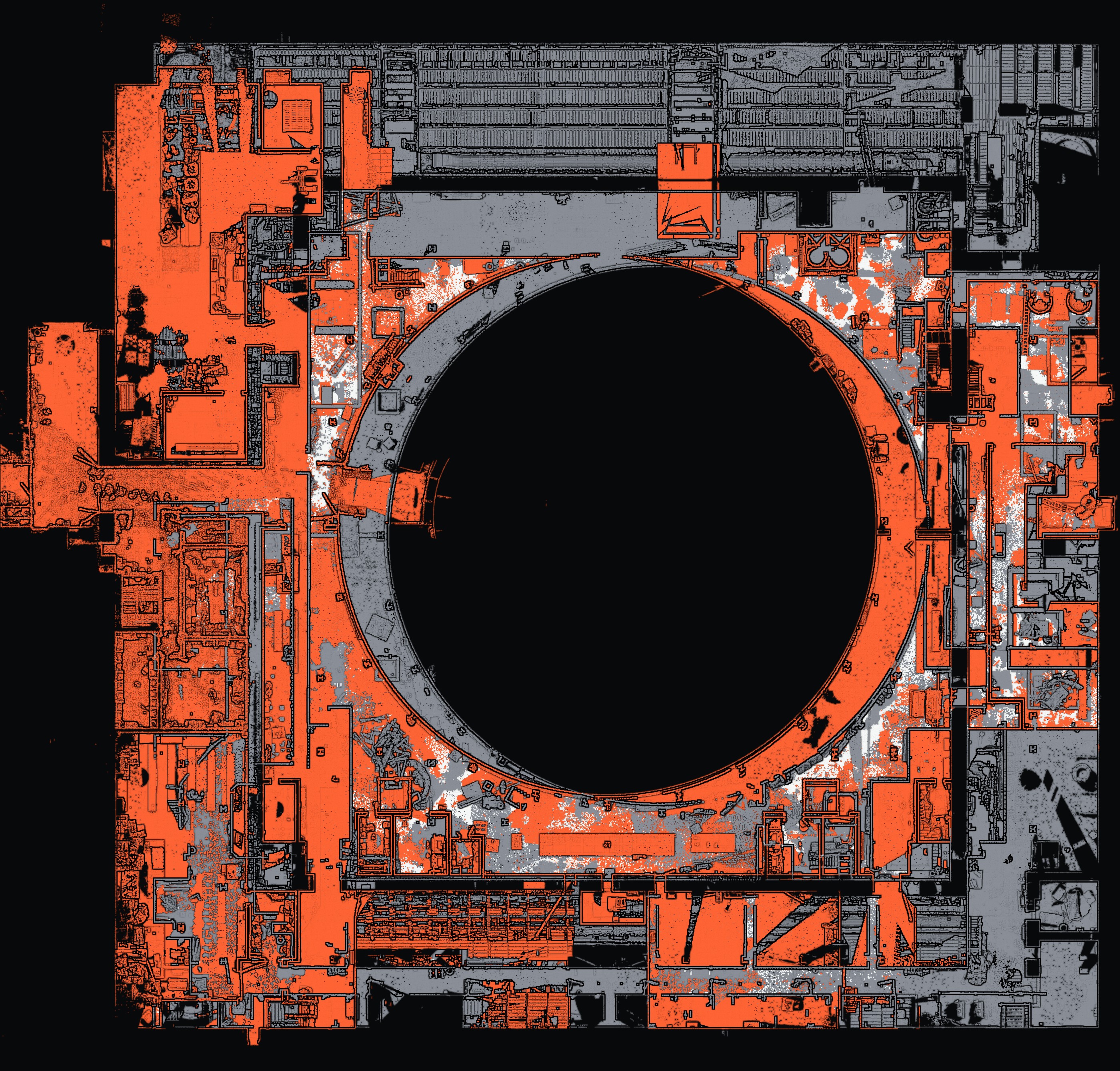 Satsop plant main level in plan: which survey campaign measured each surface: campaign A only in orange, campaign B only in grey, both in white